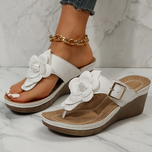 Women's Flower Decor Sandals, Solid Color Slip On Light Wedge Thong Sandals, Summer Comfy Women's Shoes