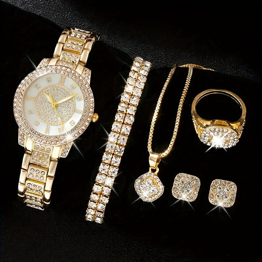 6pcs\u002Fset Women's Watch Luxury Rhinestone Quartz Watch Analog Stainless Steel Wrist Watch & Jewelry Set, Gift For Mom Her