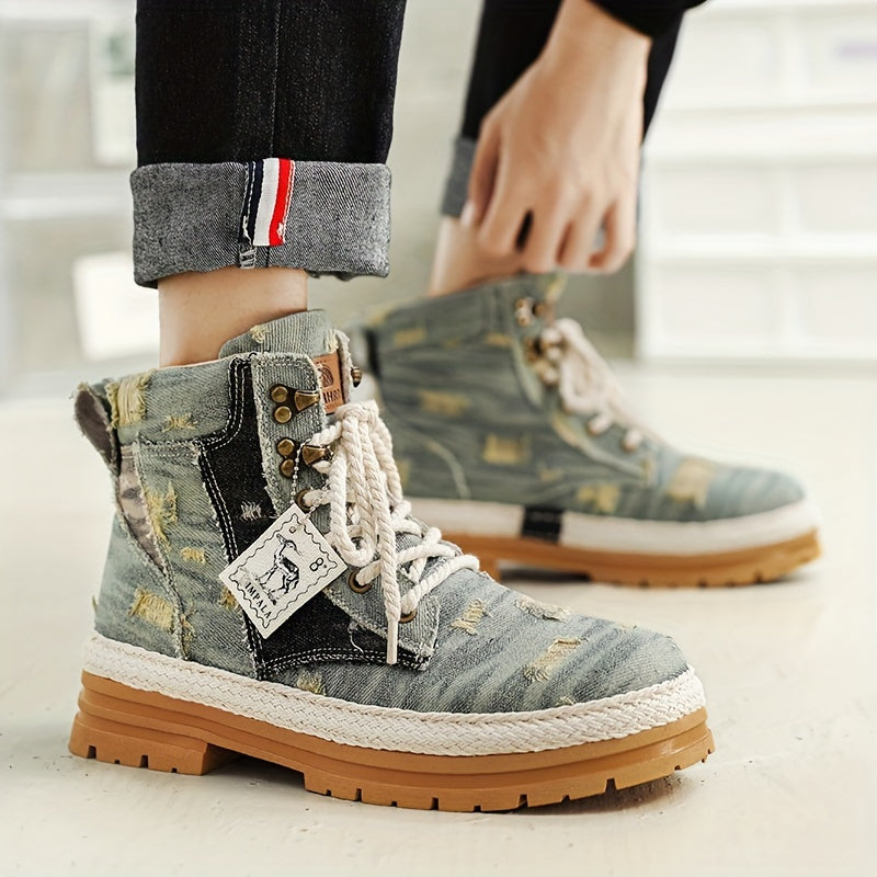 Men's Distressed Design Lace-up Boots, Casual Walking Shoes, Comfortable And Breathable