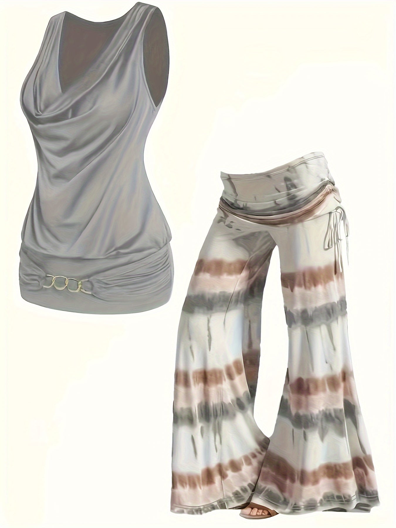 Casual Two-piece Set, Cowl Neck Vest & Tie Dye Wide Leg Pants Outfits, Women's Clothing