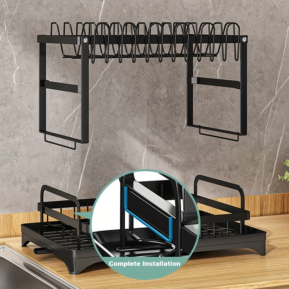 1pc Dish Drying Rack For Kitchen Counter Over The Sink, Detachable Larger Capacity 2-Tier Dish Drying Rack Drainboard Set With Double-Layer Bowl Rack, Cup Rack, Drain Board, Sticky Board Rack, Cutlery Rack, Kitchen Accessories, Black & White