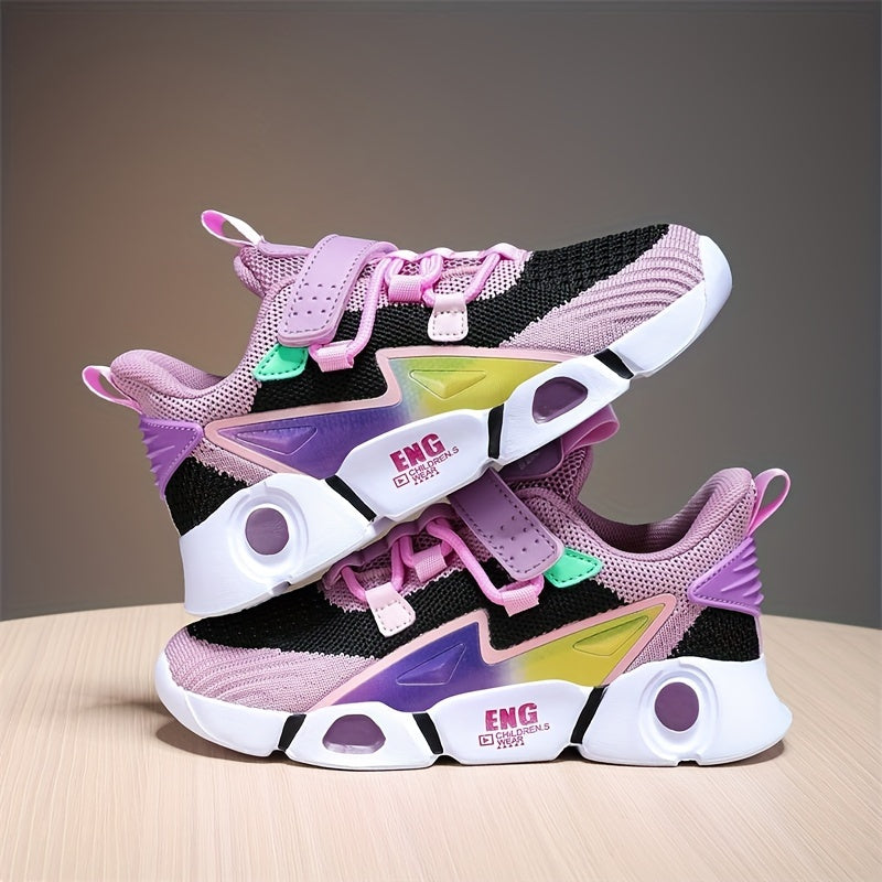 Girls Trendy Color Block Breathable Lace-up Sneakers, Children's Outdoor Non-slip Platform Running Shoes