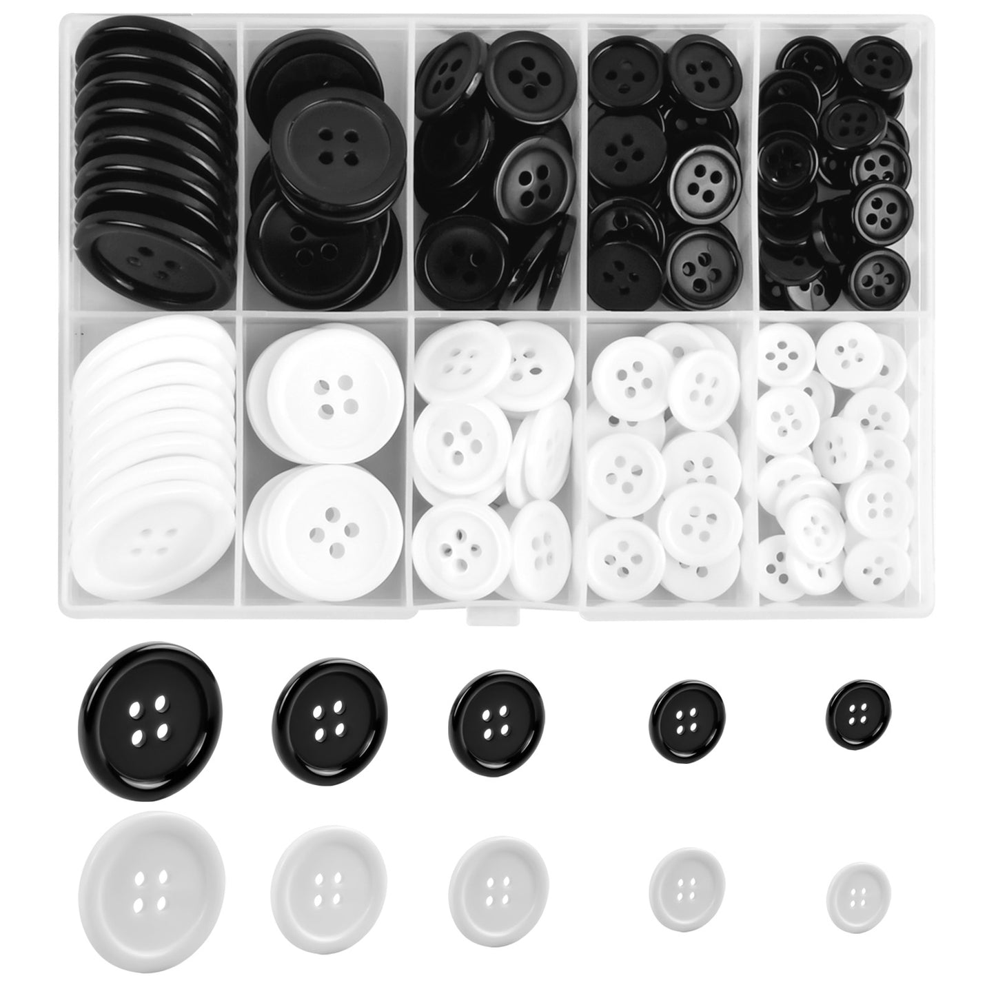 160 boutons de chemise ronds en résine noir et blanc, bord large, 4 trous, artisanat de couture classique avec boîte pour manteaux, pulls, pantalons, hauts de sport et scrapbooking, 10\u002F12\u002F15\u002F20\u002F25mm