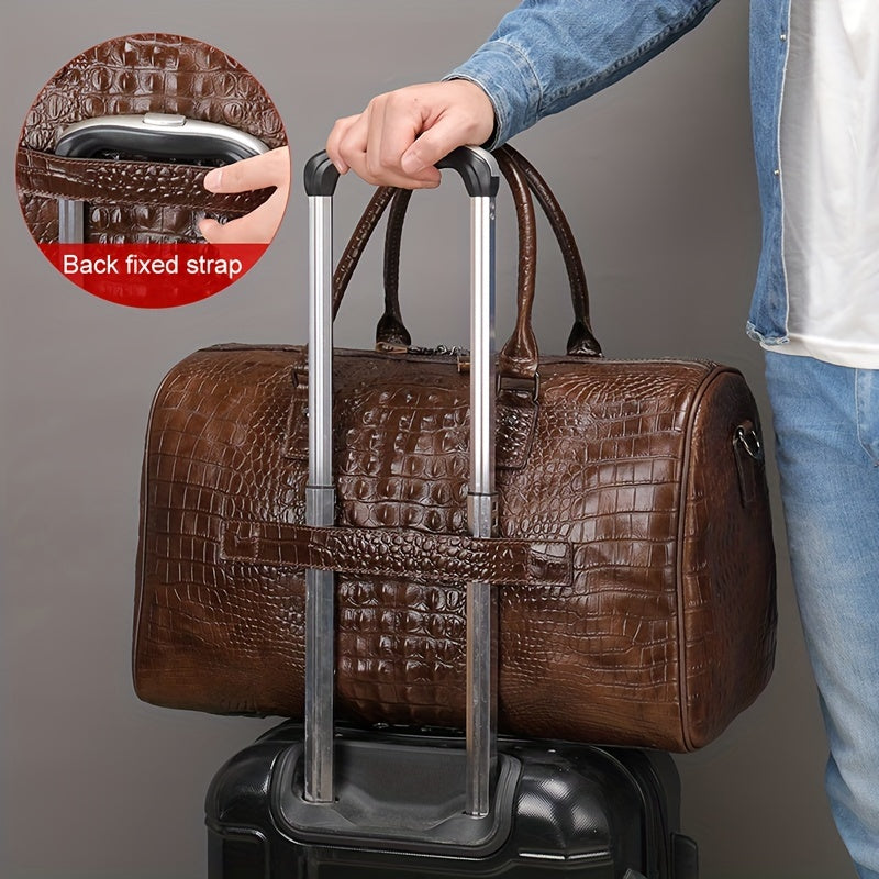 1pc Men's Crocodile Pattern Travel Bag, Casual Top Layer Cowhide Traveling Large Bag