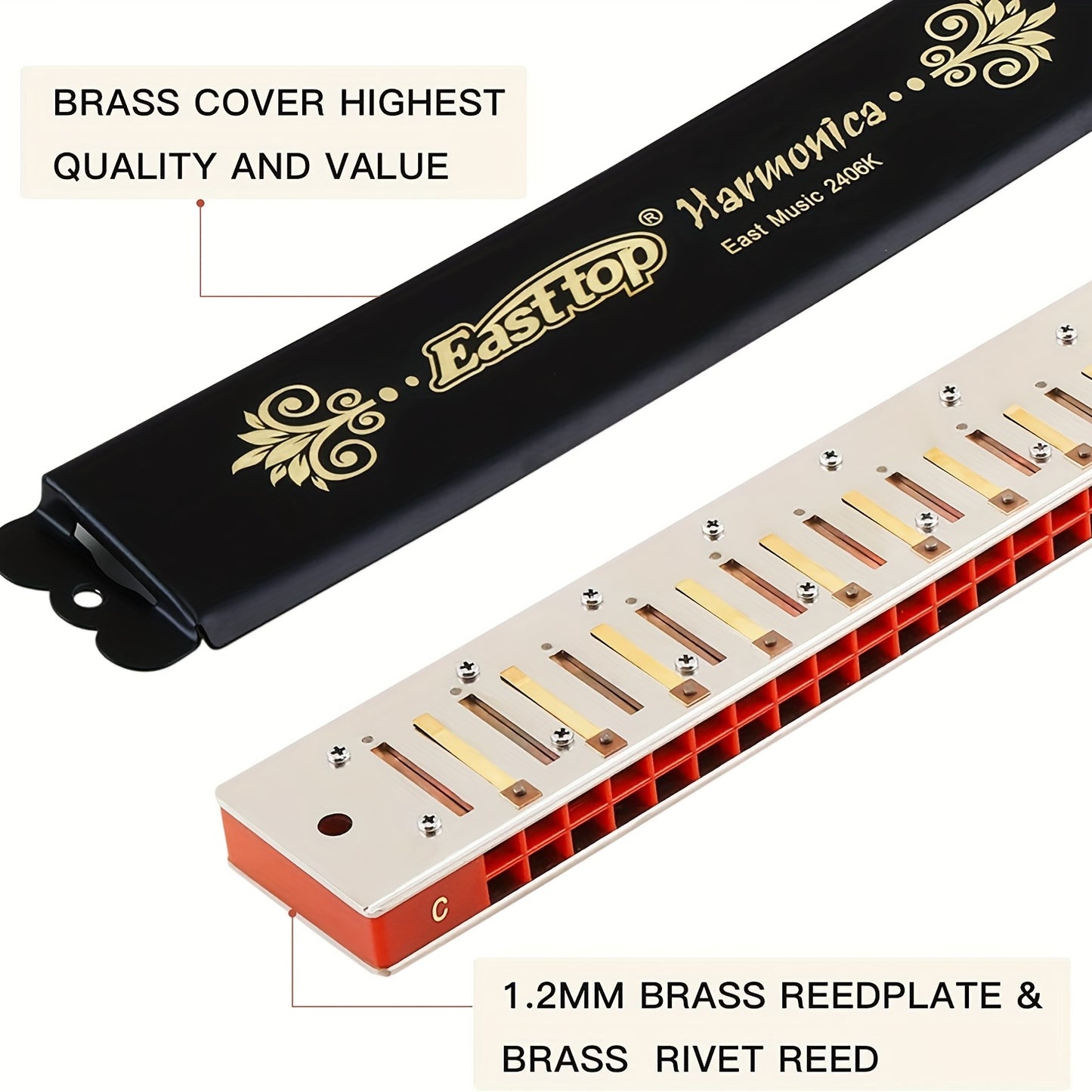 24 Holes Tremolo Harmonica Key Of C, Tremolo Mouth Organ Harmonica For Adults, Professionals And Students (T2406K-C)