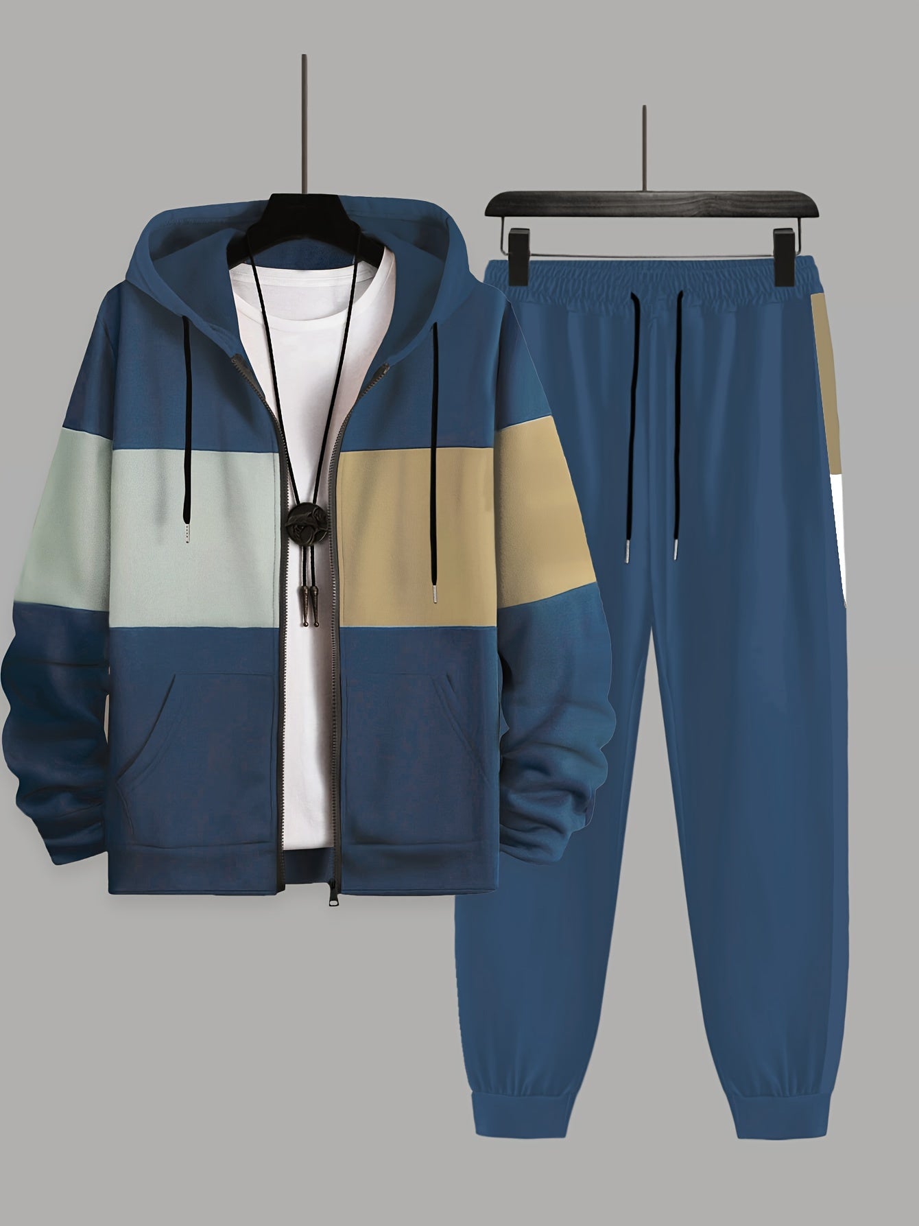 Plus Size Men's 2Pcs Outfits, Contrast Hooded Jacket & Joggers Set For Spring Fall Winter, Men's Clothing