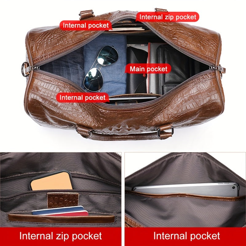 1pc hombres cocodrilo patrón bolsa de viaje, casual capa superior vaca viaje bolsa grande