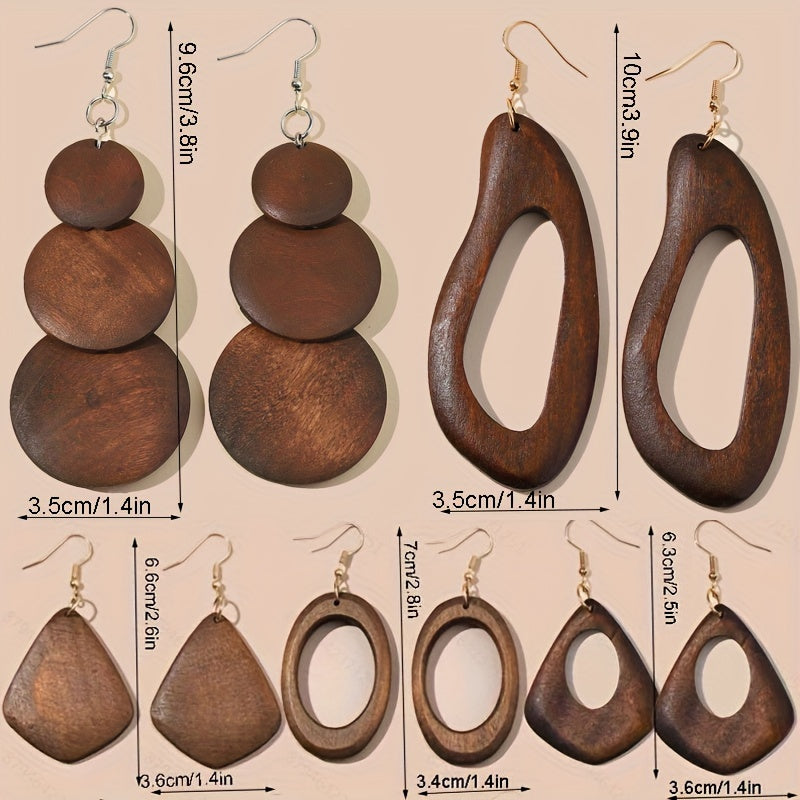 5 paires \ u002F ensemble brun en bois boucles d'oreilles rétro Style Simple poids léger automne hiver oreille ornements