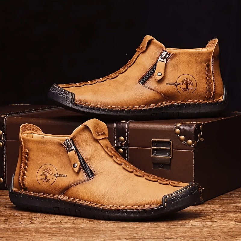 Botas masculinas com costura e zíper estilo vintage sola de borracha sapatos ao ar livre mocassins