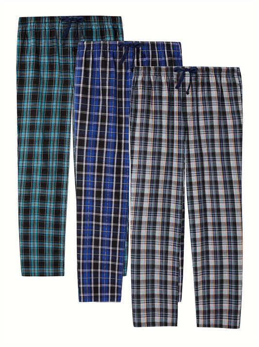 3pcs\u002Fset Men's Cotton Thin Plaid Sleep & Lounge Pants, Pajama Bottoms With Pockets
