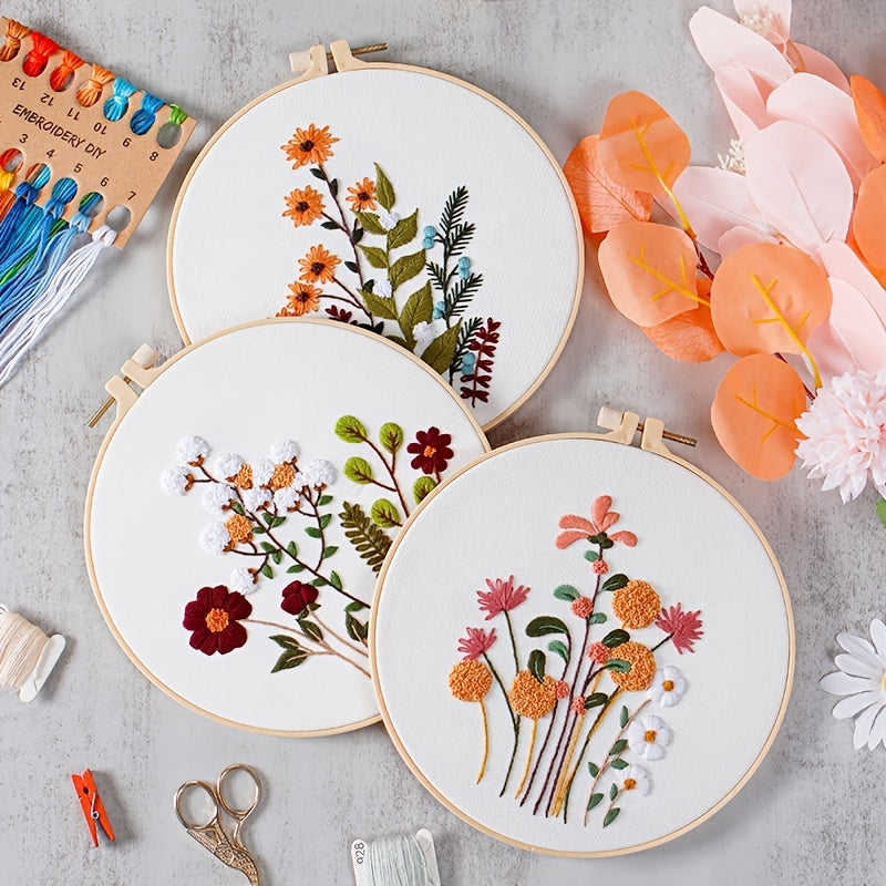 4 Pack Embroidery Kit For Beginners Adults, Cross Stitch Kits, Flowers And Plants, Include 1 Embroidery Hoop 7.9 Inch