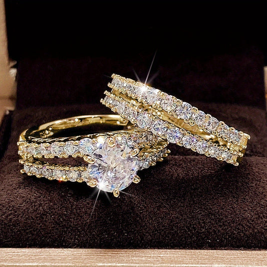 2 Pcs\u002Fset Bridal Wedding Rings 18K Gold Plated 6 Prong Setting Zircon Rings For Women Engagement Proposal Jewelry Gift (no Box)